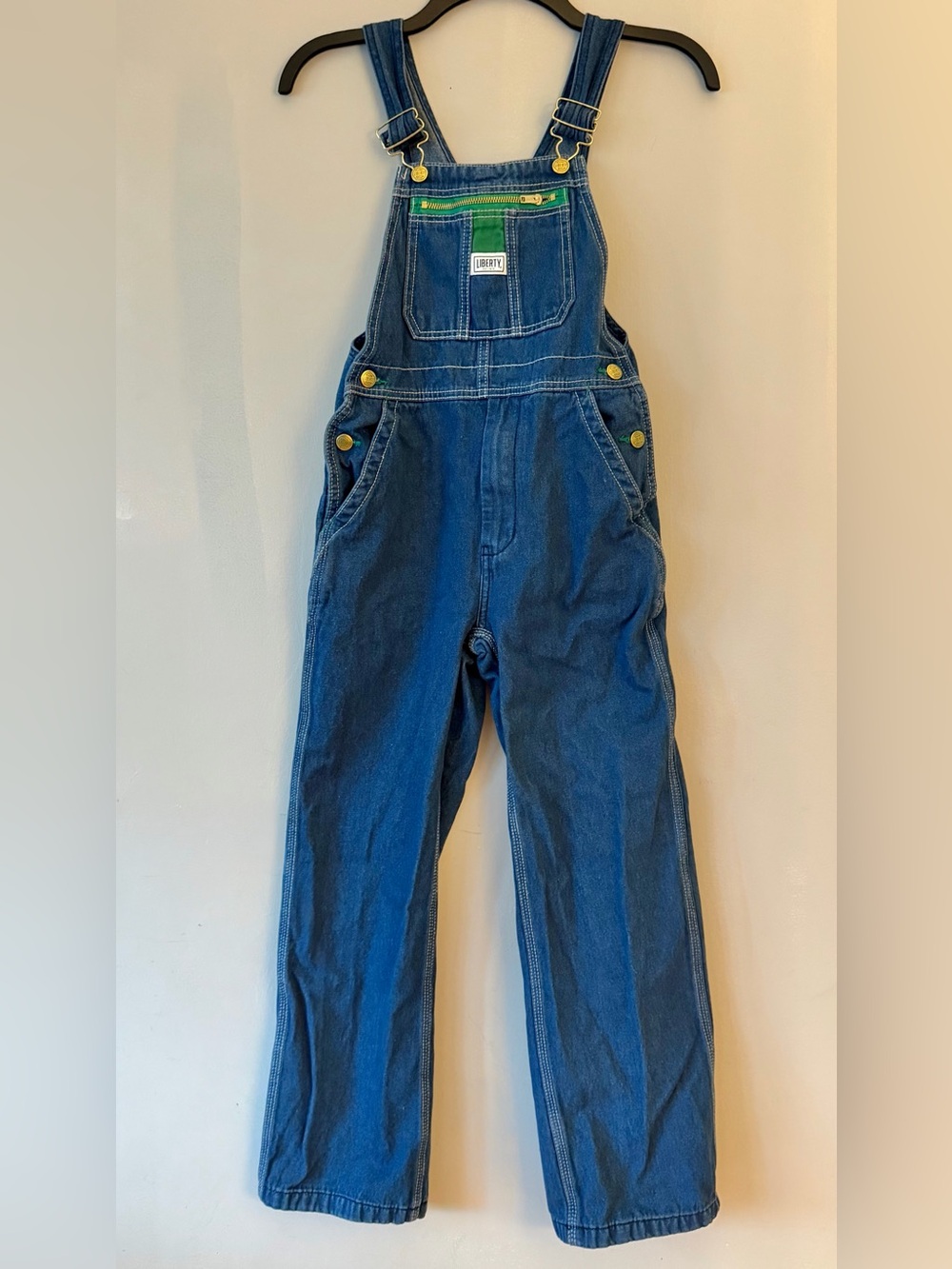 Liberty Blue Denim Kids Overalls with Green Trim